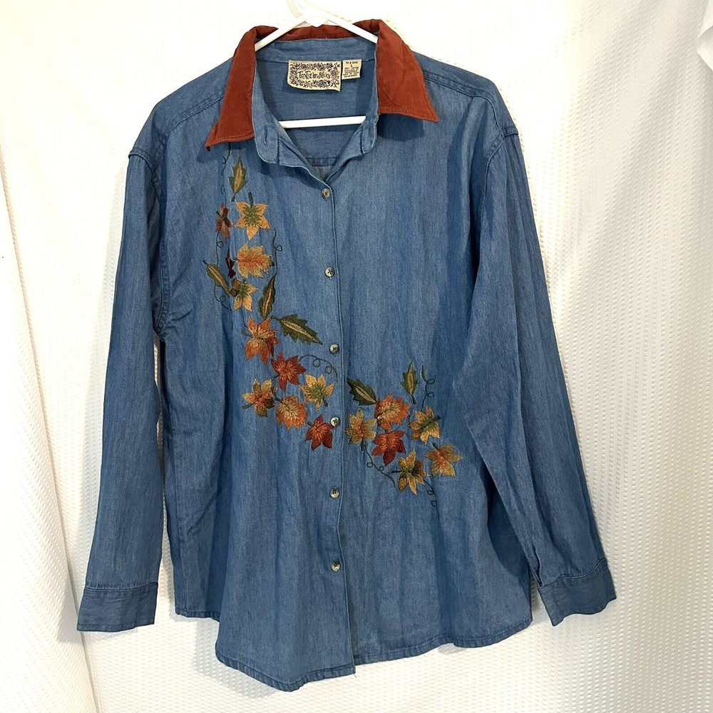 Vintage Tantrum Denim Button Fall Leaves Embroidered Jean Denim Shirt Size L